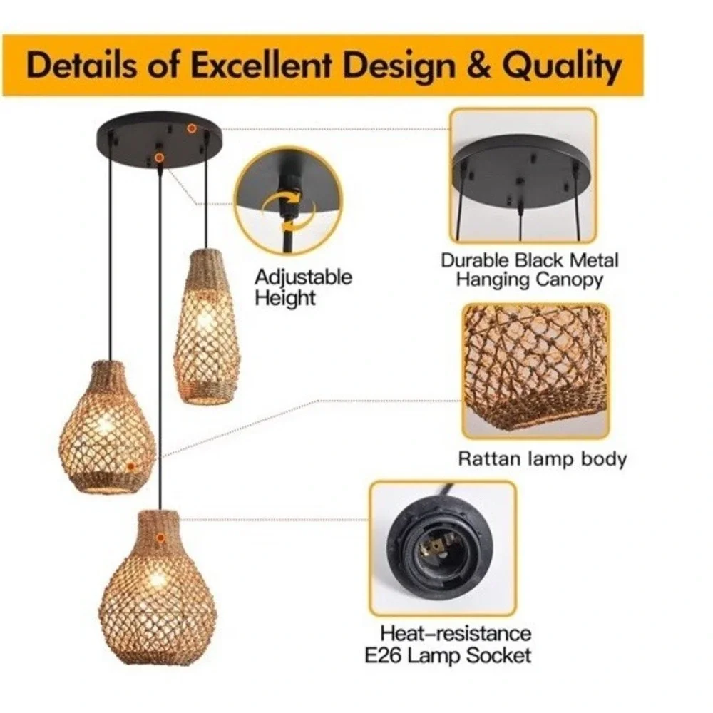 (21) 3-Lights Hand Woven Rattan Pendant Light, Rustic Ceiling Hanging Wicker